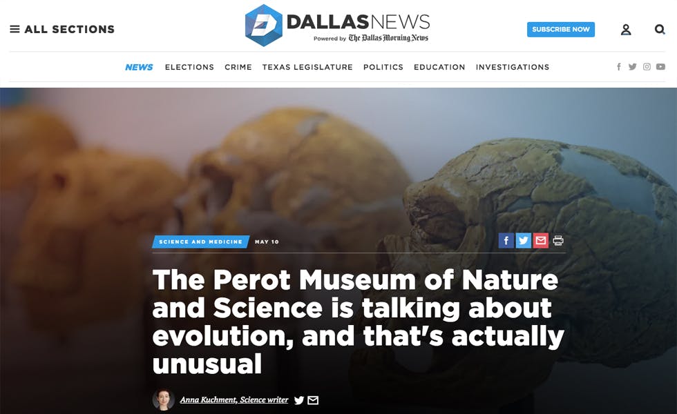 Cover Image for Dallas Morning News – The Perot Museum of Nature and Science is talking about evolution, and that’s actually unusual