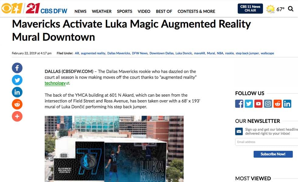 Cover Image for CBS 11 – Mavericks Activate Luka Magic Augmented Reality Mural Downtown