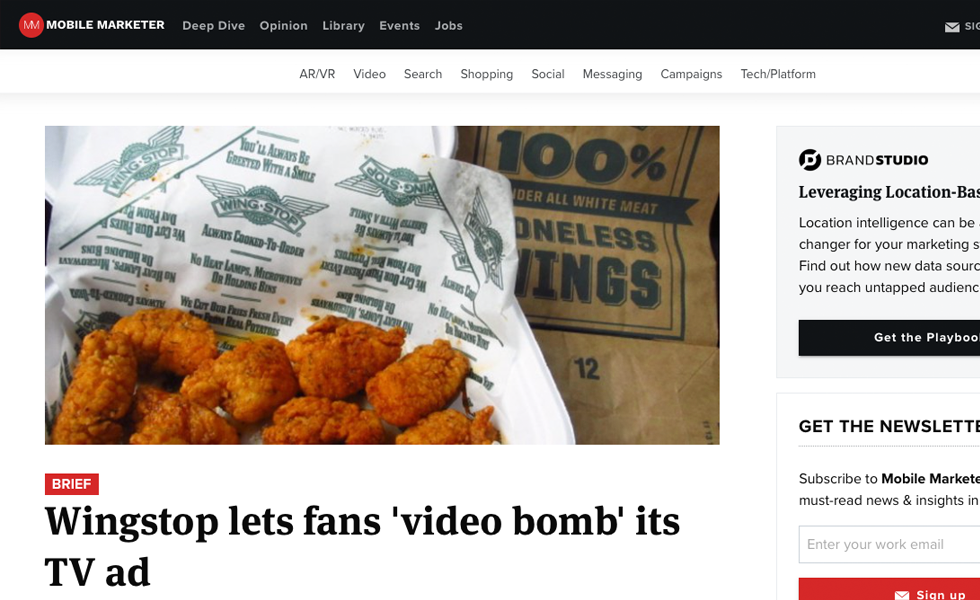 Cover Image for Mobile Marketer – Wingstop lets fans ‘video bomb’ its TV ad