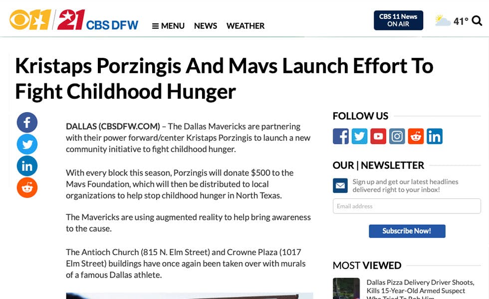 Cover Image for CBS 11 DFW – Kristaps Porzingis And Mavs Launch Effort To Fight Childhood Hunger