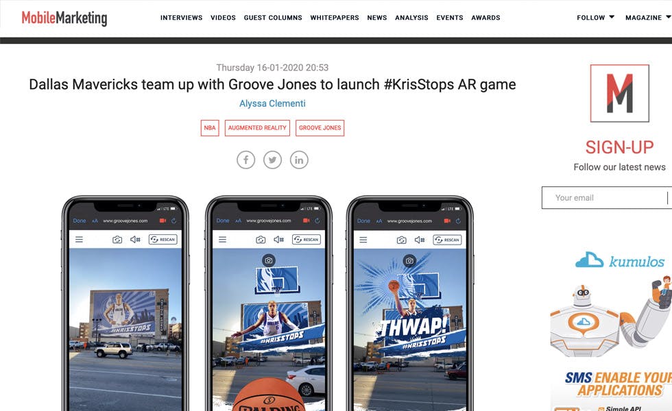 Cover Image for Mobile Marketer – Dallas Mavericks team up with Groove Jones to launch #KrisStops AR game