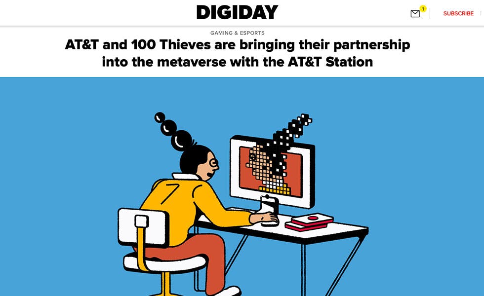 Cover Image for Digiday – AT&T and 100 Thieves are bringing their partnership into the metaverse with the AT&T Station