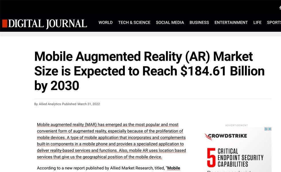 Cover Image for Groove Jones Listed in Top 10 Leading Market Players – Mobile Augmented Reality (AR) Market Size is Expected to Reach $184.61 Billion by 2030