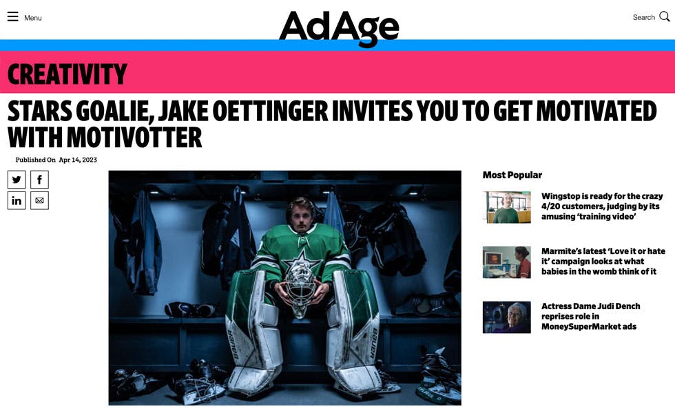 Cover Image for AdAge – Stars Goalie, Jake Oettinger Invites You to get Motivated with Motivotter