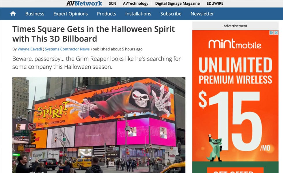 Cover Image for AV Network –  Times Square Gets in the Halloween Spirit with This 3D Billboard