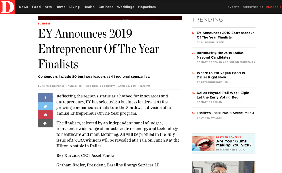 D Magazine – EY Announces 2019 Entrepreneur Of The Year Finalists