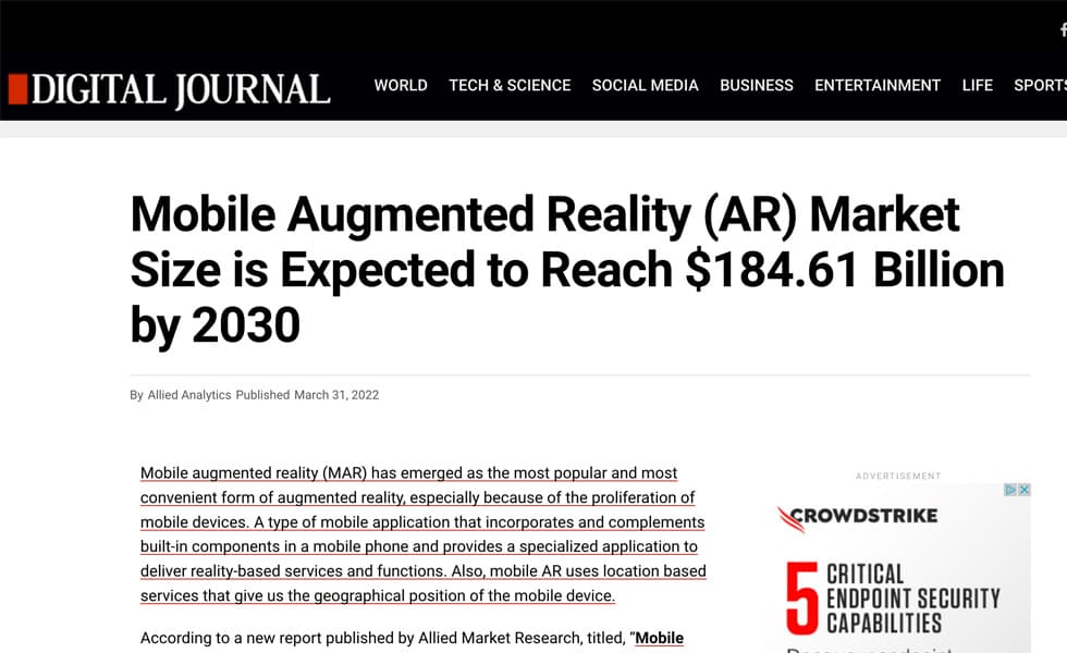 Groove Jones Listed in Top 10 Leading Market Players – Mobile Augmented Reality (AR) Market Size is Expected to Reach $184.61 Billion by 2030